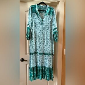 NWOT R.Vivimos Maxi Teal Green Floral Long Sleeve Dress,Side Slights Boho Hippie